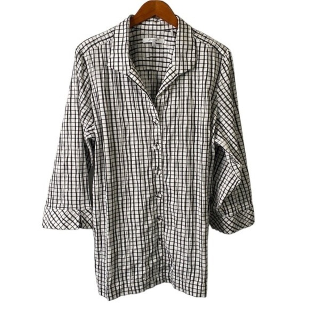 Foxcroft Germaine Crinkle Mini Check Button Up Tunic Shirt 3/4 Sleeve Textured